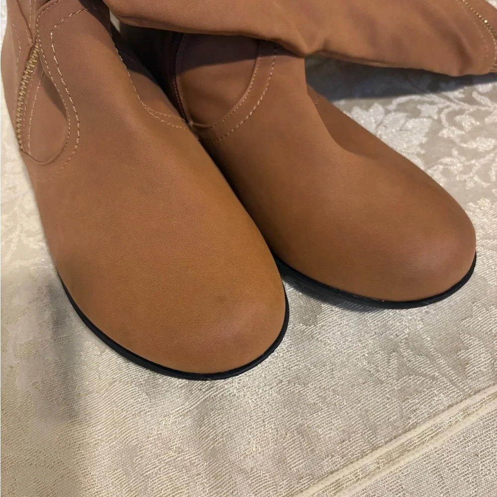 Comfortview Tan Double Buckle Faux Suede Knee Boots